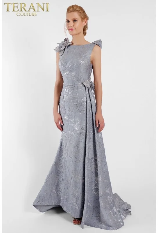 Terani Couture 1721M4703 A Line Lace Long Formal Floral Ruffle Prom Dress