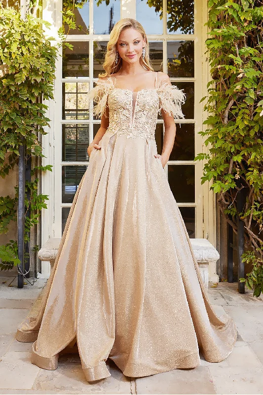 Adora 3128 Long Metallic Glitter Formal Feather Prom Dress