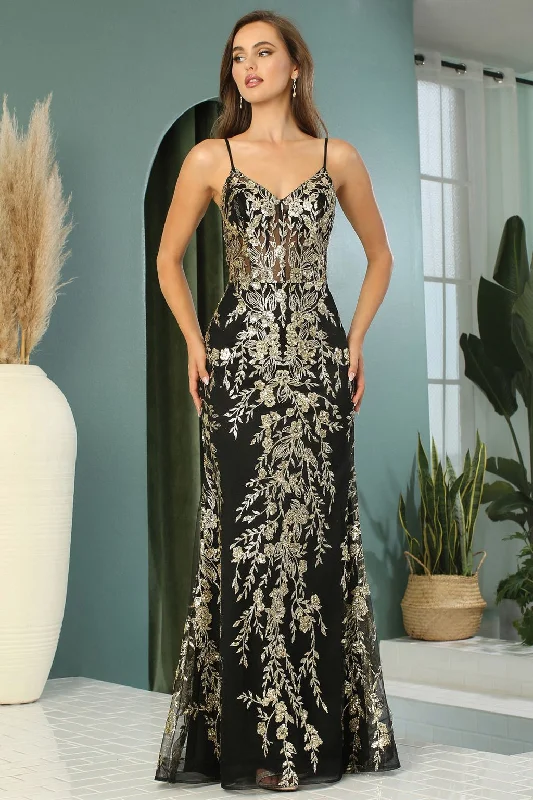 Adora 3158 Long Fitted Glitter Applique Corset Prom Dress