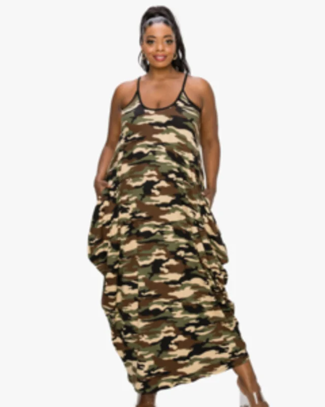 Camo Spaghetti Strap Harem Dress | Gray/Ivory Camo