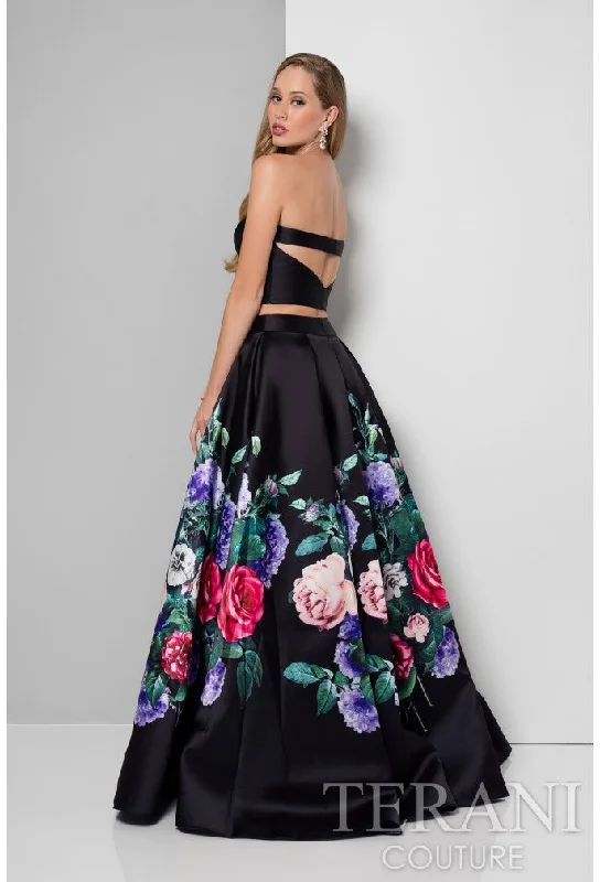 Terani Couture 1711P2703 A Line Floral Long Formal Pleated Prom Dress