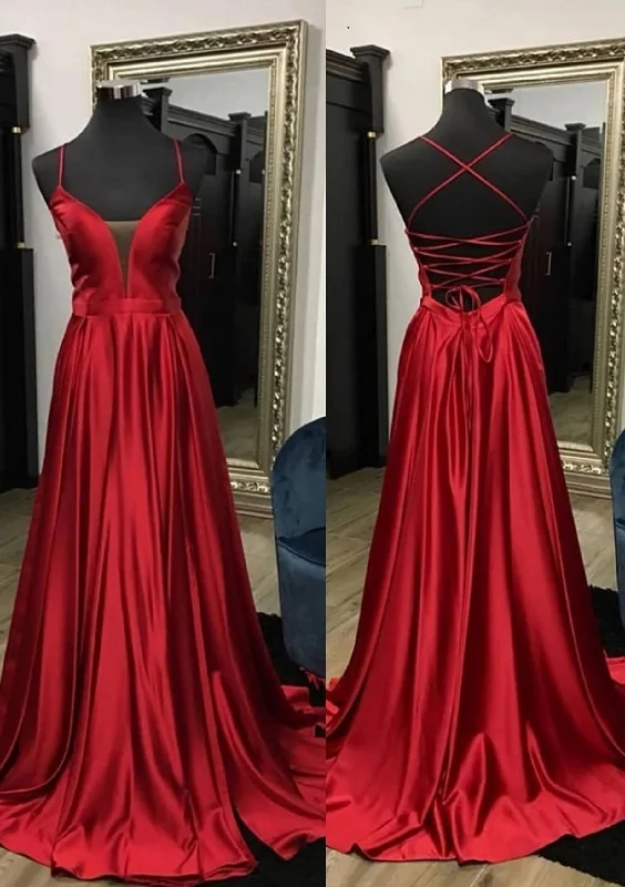 A-line V Neck Spaghetti Straps Sweep Train Charmeuse Prom Dress With Split