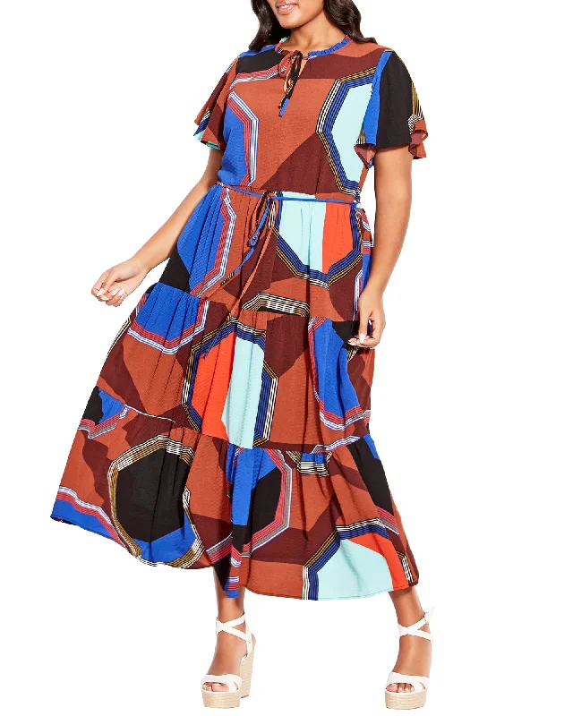 Tahlia Printed Tiered Dress | Terracotta / Royal Blue