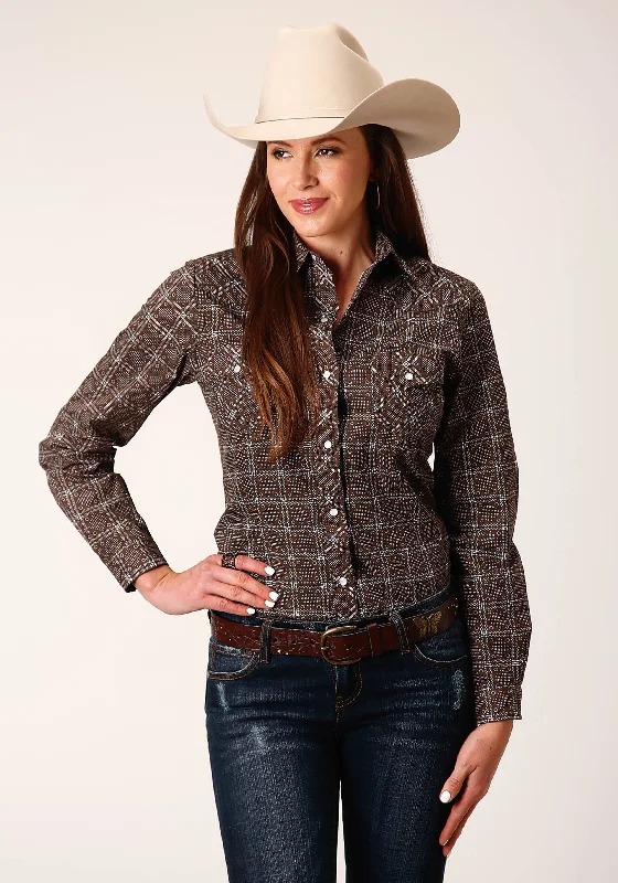WOMENS LONG SLEEVE SNAP BROWN WHITE RETRO PRINT WESTERN SHIRT Relaxed Fit Short Blouse WOMENS LONG SLEEVE SNAP BROWN WHITE RETRO PRINT WESTERN SHIRT Relaxed Fit Short Blouse