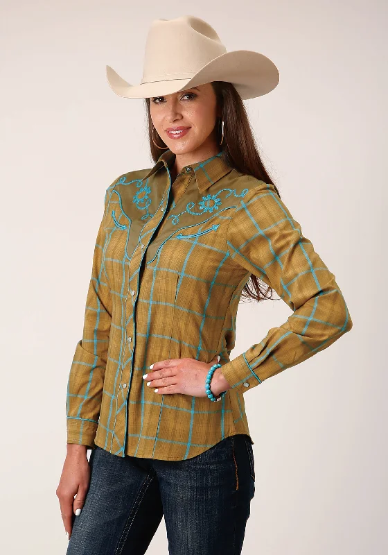 WOMENS LONG SLEEVE SNAP BUTTERSCOTCH TURQUOISE PLAID WESTERN SHIRT Cozy Summer Short Shirt WOMENS LONG SLEEVE SNAP BUTTERSCOTCH TURQUOISE PLAID WESTERN SHIRT Cozy Summer Short Shirt
