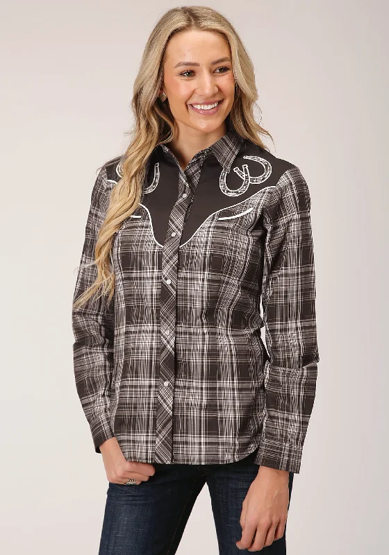 WOMENS LONG SLEEVE SNAP CHOCOLATE AND CREAM PLAID WESTERN SHIRT Comfortable Pocket Short Shirt WOMENS LONG SLEEVE SNAP CHOCOLATE AND CREAM PLAID WESTERN SHIRT Comfortable Pocket Short Shirt