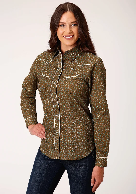 WOMENS LONG SLEEVE SNAP BROWN TURQUOISE AND CREAM MINI FLORAL WESTERN SHIRT Comfortable Flowing Short Sleeve WOMENS LONG SLEEVE SNAP BROWN TURQUOISE AND CREAM MINI FLORAL WESTERN SHIRT Comfortable Flowing Short Sleeve