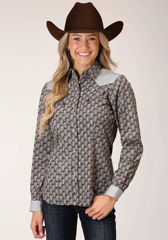 WOMENS LONG SLEEVE SNAP CHOCOLATE AND CREAM TEARDROP PRINT WESTERN SHIRT Casual Loose Short Sleeve WOMENS LONG SLEEVE SNAP CHOCOLATE AND CREAM TEARDROP PRINT WESTERN SHIRT Casual Loose Short Sleeve