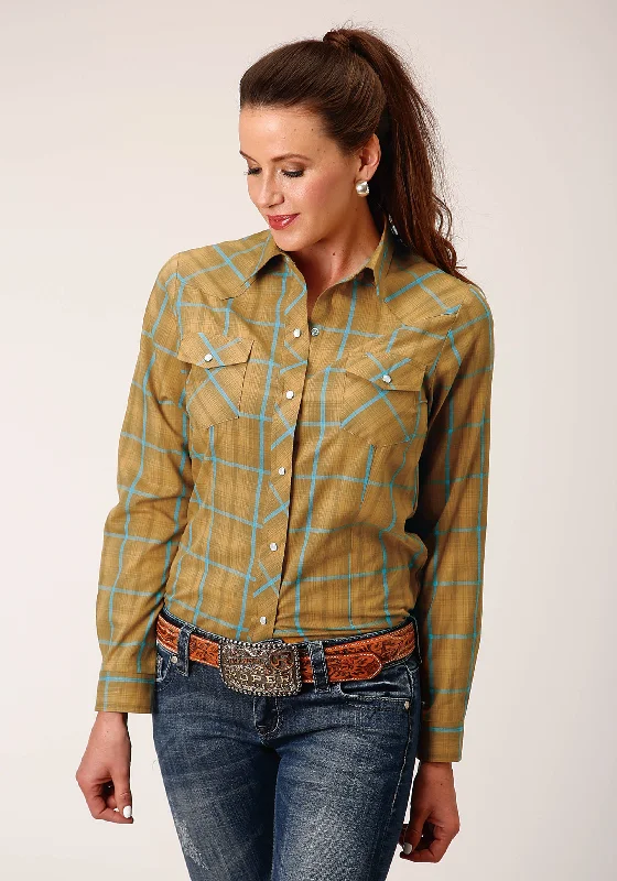 WOMENS LONG SLEEVE SNAP BUTTERSCOTCH TURQUOISE PLAID WESTERN SHIRT Trendy Button-Front Short Sleeve WOMENS LONG SLEEVE SNAP BUTTERSCOTCH TURQUOISE PLAID WESTERN SHIRT Trendy Button-Front Short Sleeve
