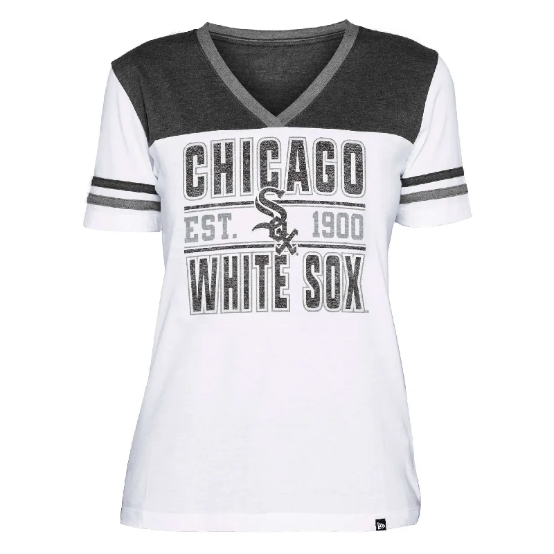 Chicago White Sox New Era Women's V-neck T Shirt - Grey/White Soft Flowing Short Shirt