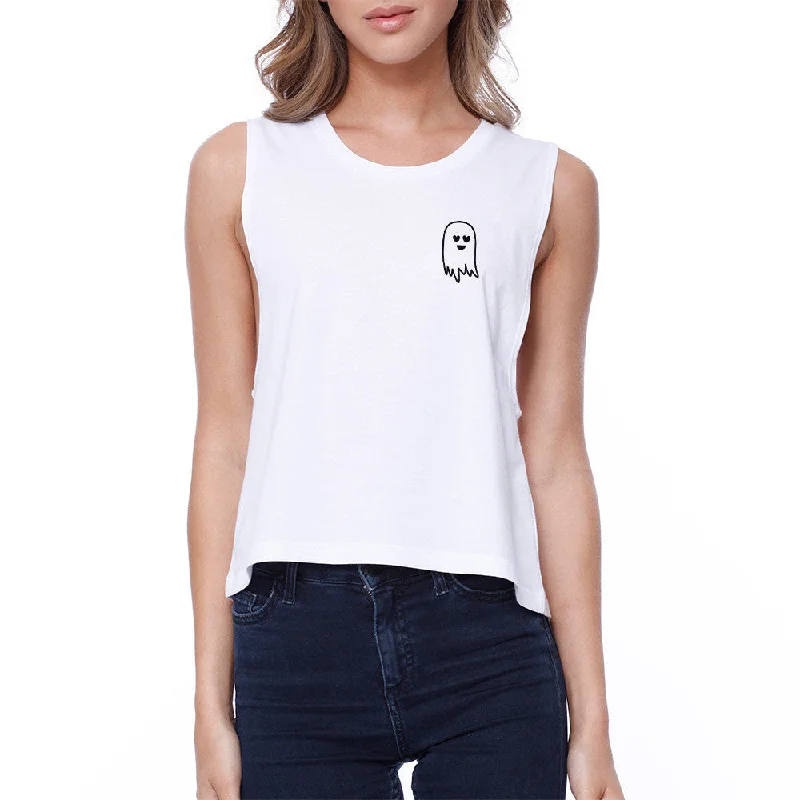 Cute Pocket Ghost Crop Tee Halloween Sleeveless Shirt Junior Tanks Comfortable Fitted Short Sleeve