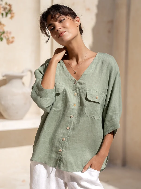 Dune French Linen Shirt Moss Stylish Short Sleeve Top