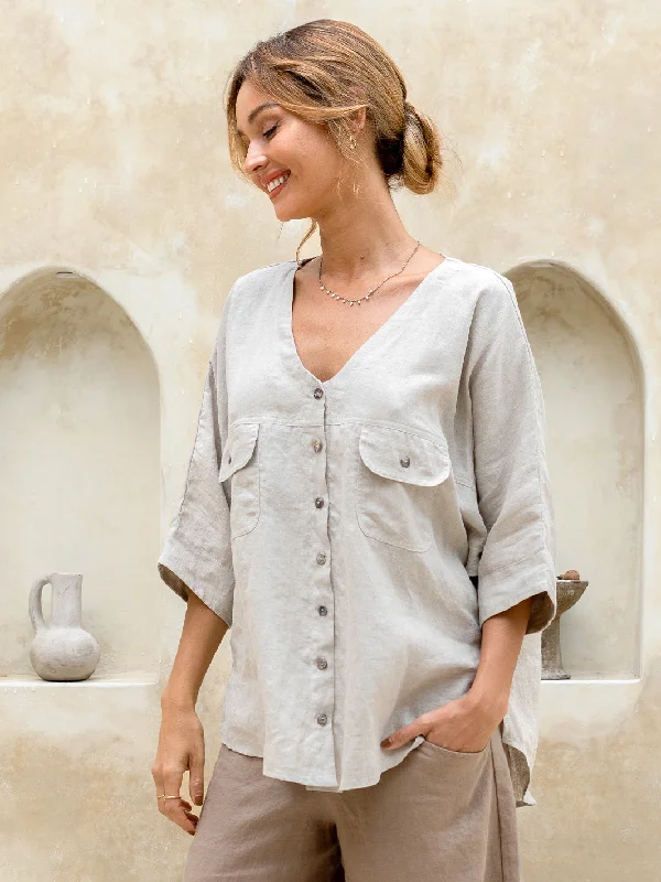 Dune French Linen Shirt Almond Trendy Short Sleeve Tunic