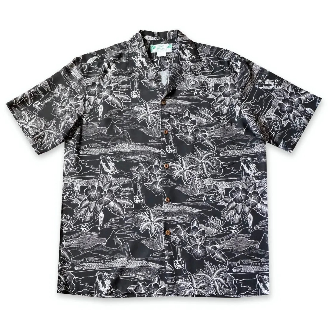 Island Hop Black Hawaiian Rayon Shirt Trendy Button-Front Short Sleeve