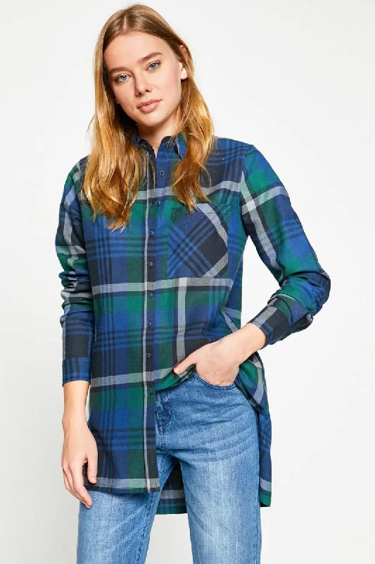 Women Navy Blue Plaid Shirt Comfortable Pocket Short Shirt