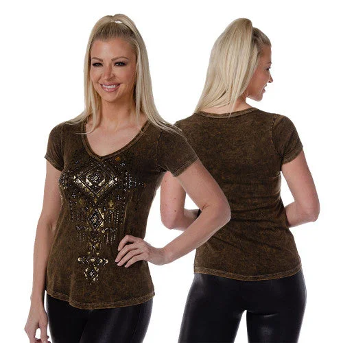 Ladies Brown Distressed Shirt with Foil Cross Design 7138 BS USA Classic Solid Short Shirt