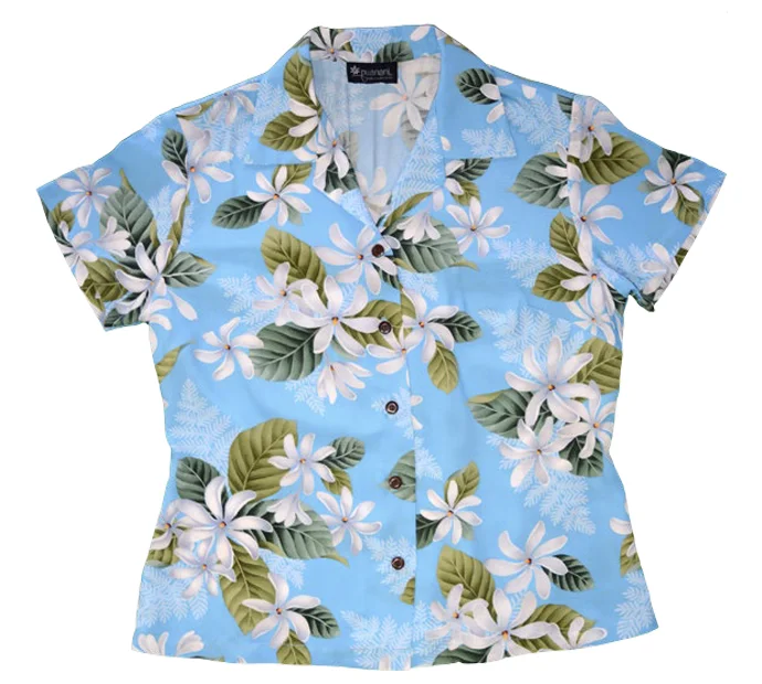 Ladies Fitted Aloha Shirt in Blue Trendy Short Sleeve Blouse