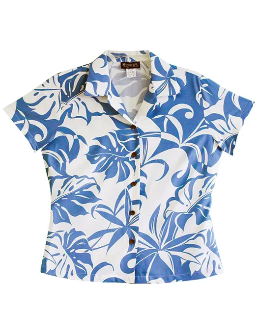 Island Life Ladies Fitted Aloha Shirt in Blue Fashionable Tied Short Sleeve