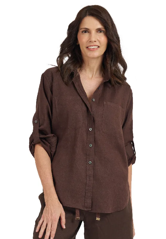 Luna Coffee Oversized Linen Shirt with Pockets Trendy Print Short Sleeve