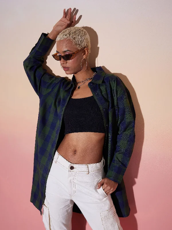 Lyush Women Green & Navy Check Lounge Shirt Cozy Cotton Short Tee
