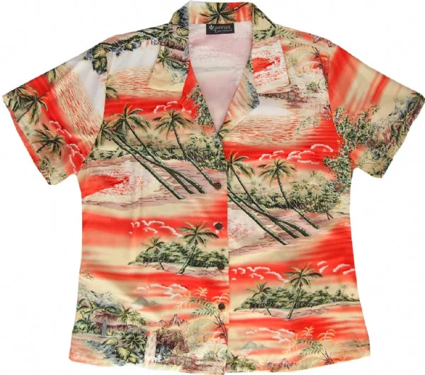 Ocean Breeze Ladies Fitted Aloha Shirt in Orange Fashionable Sheer Short Shirt