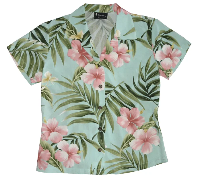 Pink Hibiscus Ladies Fitted Aloha Shirt in Aqua Casual Short Sleeve Top