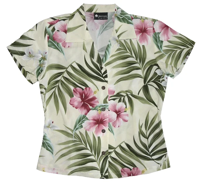 Pink Hibiscus Ladies Fitted Aloha Shirt in Beige Stylish Printed Short Shirt