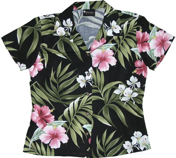 Pink Hibiscus Ladies Fitted Aloha Shirt in Black Elegant Draped Short Shirt