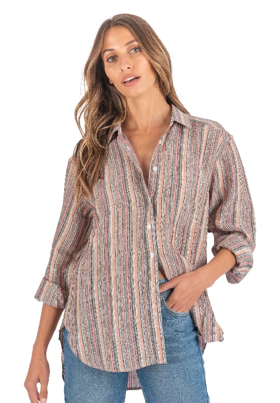 Poppy-Linen Pink Multi Stripes Oversized Linen Shirt Comfortable Fit Short Shirt