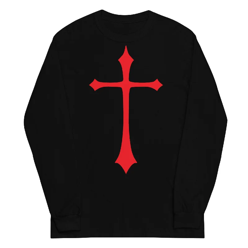 Red Gothic Medeival Holy Cross Long Sleeve Shirt Cozy Printed Short Shirt