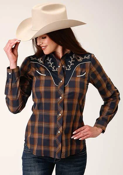 Roper Women's Snap Fancy Applique Navy, Blue & Brown Plaid Shirt Relaxed Short Sleeve Tee