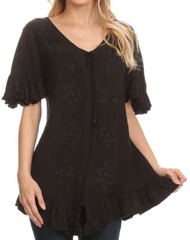 Sakkas Sayle Long Star Embroidered Blouse Shirt Top With Button Front And Ruffles Elegant Longline Short Shirt