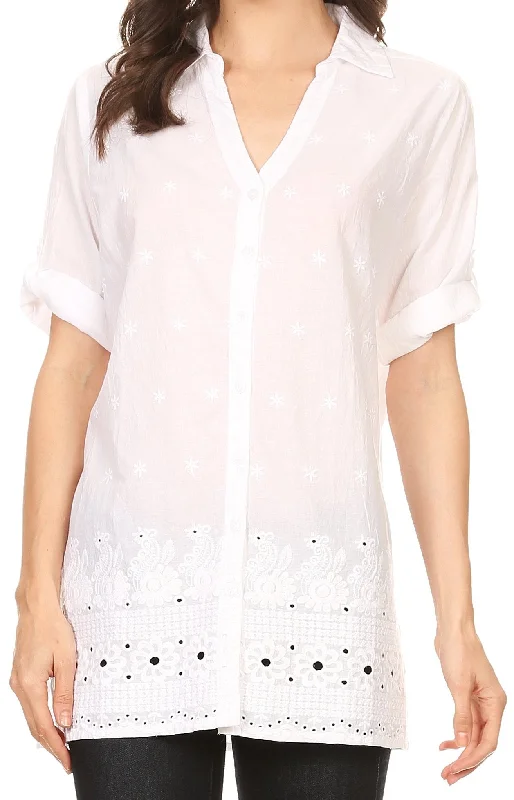 Sakkas Cecilia V-Neck Button Down 3/4 Sleeve Eyelet Shirt Comfortable Flowing Short Sleeve