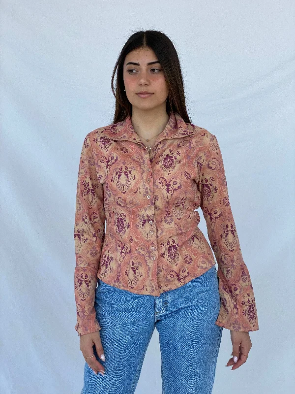 Vintage Y2K DCC Pink Floral Shirt Trendy Turtleneck Short Shirt