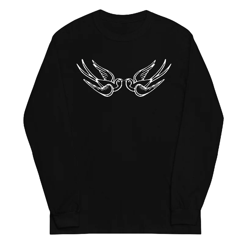 White Falling Sparrows Tattoo Style Bird Long Sleeve Shirt Relaxed Short Sleeve Tee