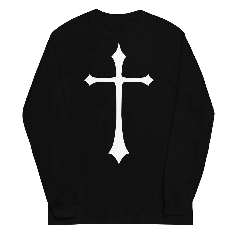 White Gothic Medeival Holy Cross Long Sleeve Shirt Fashionable Cuffed Short Sleeve