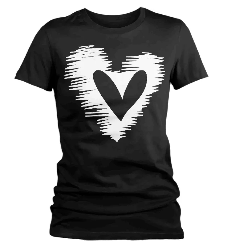 Women's Cute Valentine's Day Shirt Sketch Heart Shirt Sketchy Love T Shirt Scribble Love Theme Valentine Shirt Valentine's Tee Ladies Comfortable Stretch Short Shirt