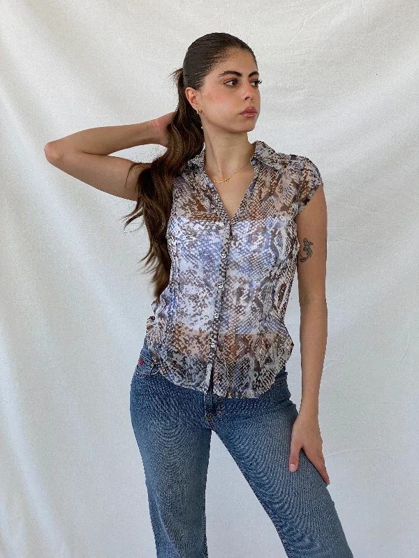 Y2K Mexx Sheer Animal Print Short Sleeve Women’s Button Up Shirt - S Chic Embellished Short Sleeve