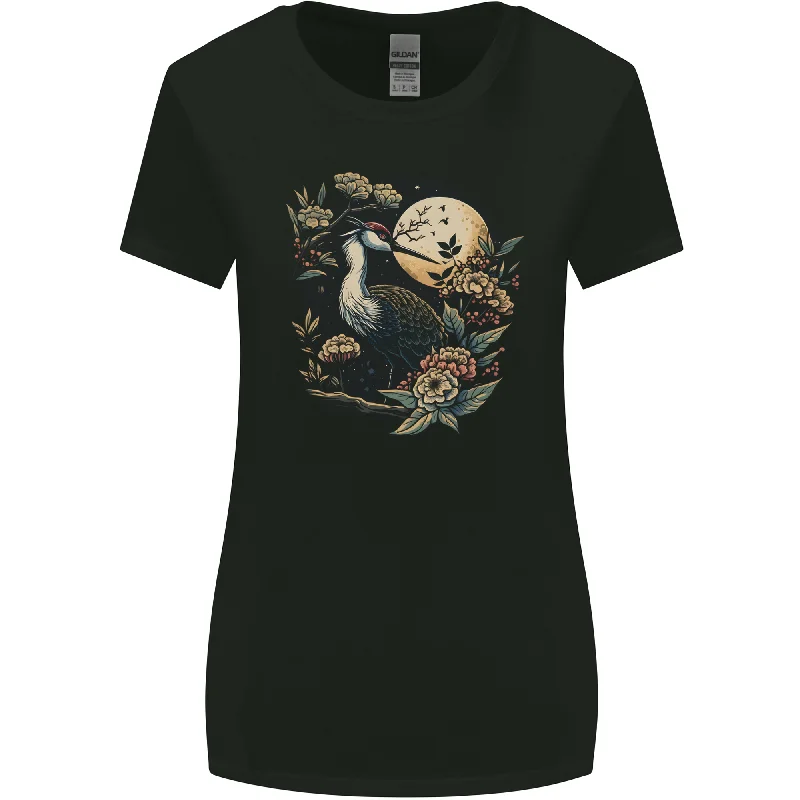 A Crane With Flowers and Moon Bird Womens Wider Cut T-Shirt Layered Multi-layer Single Layer A Crane With Flowers and Moon Bird Womens Wider Cut T-Shirt Layered Multi-layer Single Layer