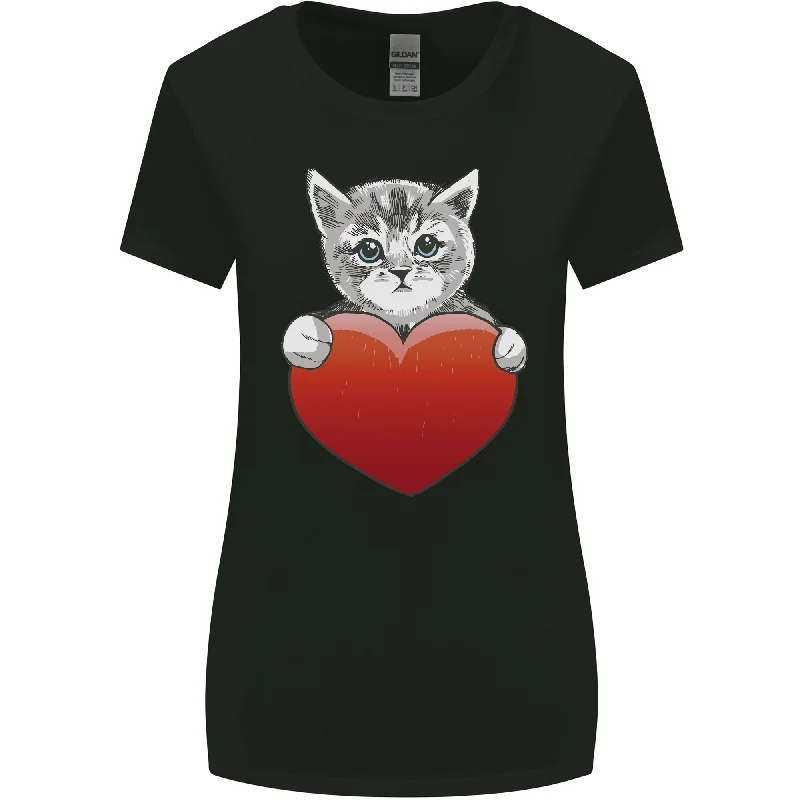 A Cute Cat With a Heart Love Valentines Day Womens Wider Cut T-Shirt Solid Color Striped Floral