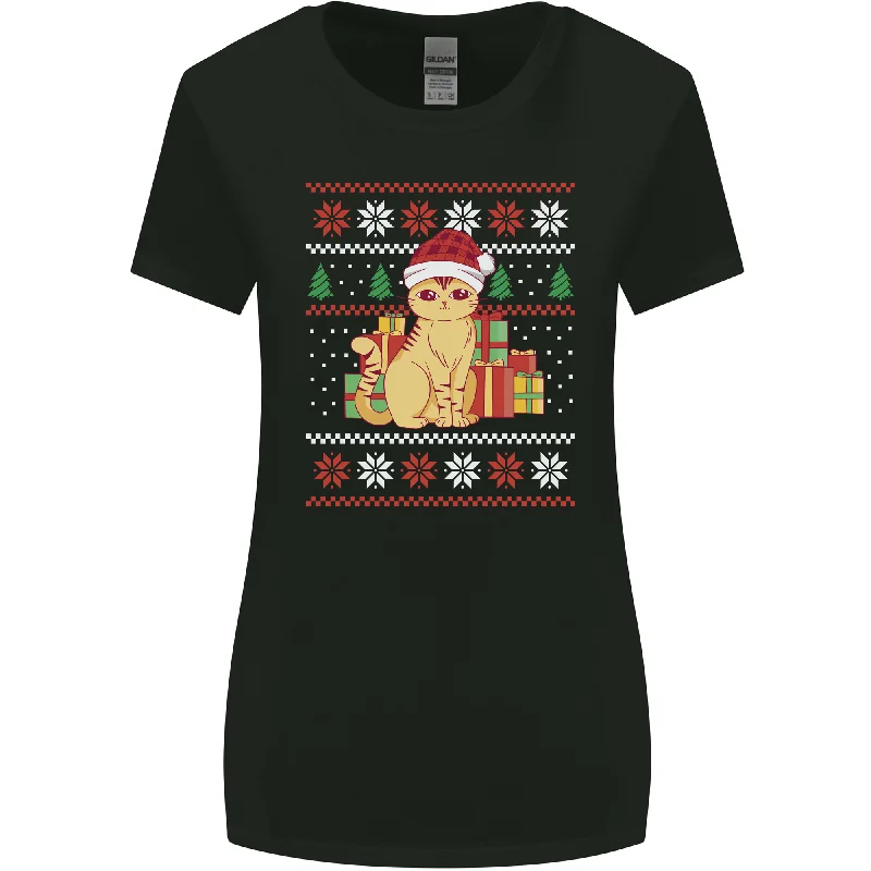 A Cute Christmas Cat With Presents Xmas Womens Wider Cut T-Shirt Machine Wash Dry Clean Hand Wash