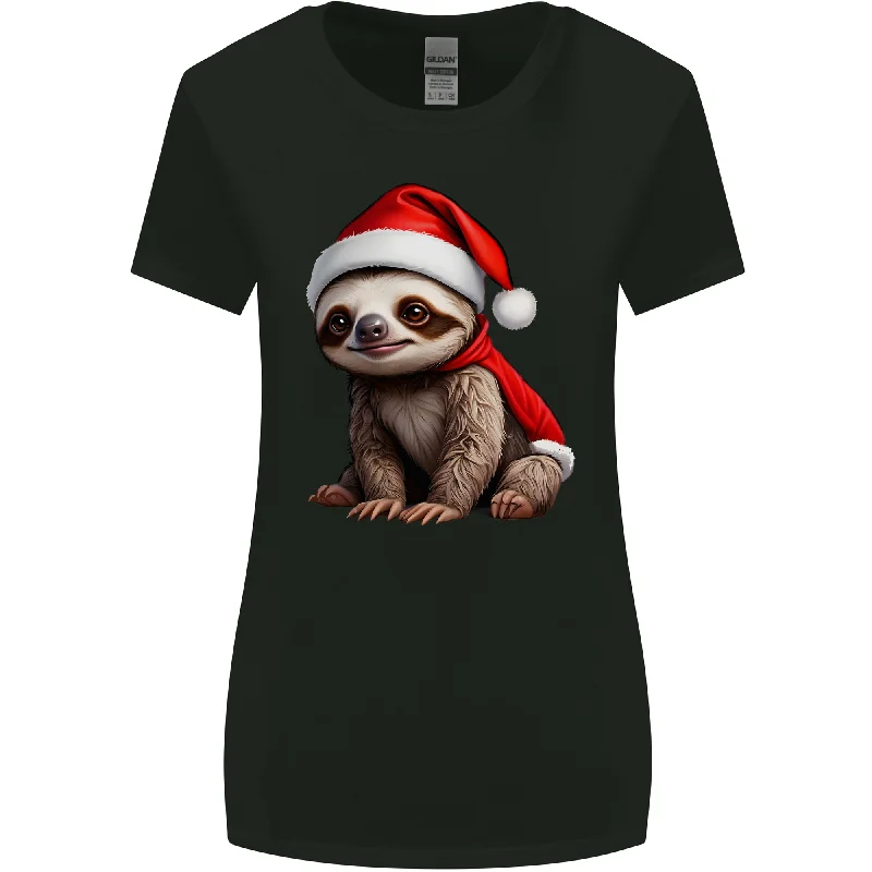 A Cute Christmas Sloth With Xmas Hat on Womens Wider Cut T-Shirt Jersey Fabric Tulle Fabric Batik Fabric