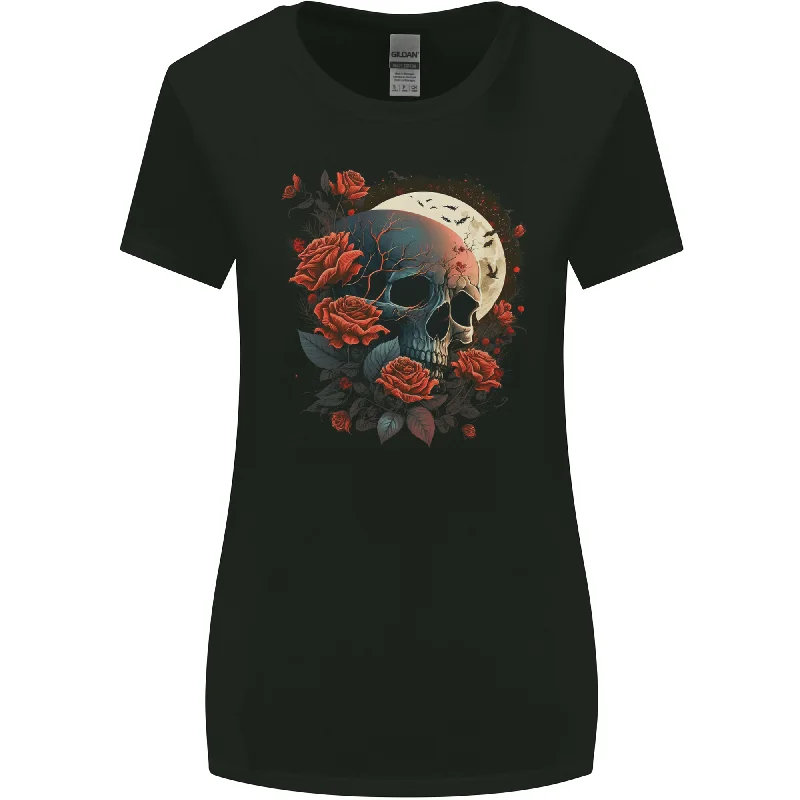 A Dark Fantasy Skull With Roses and Moon Womens Wider Cut T-Shirt Notch Collar Peter Pan Collar Cowl Neck