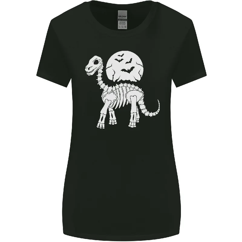 A Dinosaur Skeleton With a Full Moon Halloween Womens Wider Cut T-Shirt Notch Collar Peter Pan Collar Cowl Neck