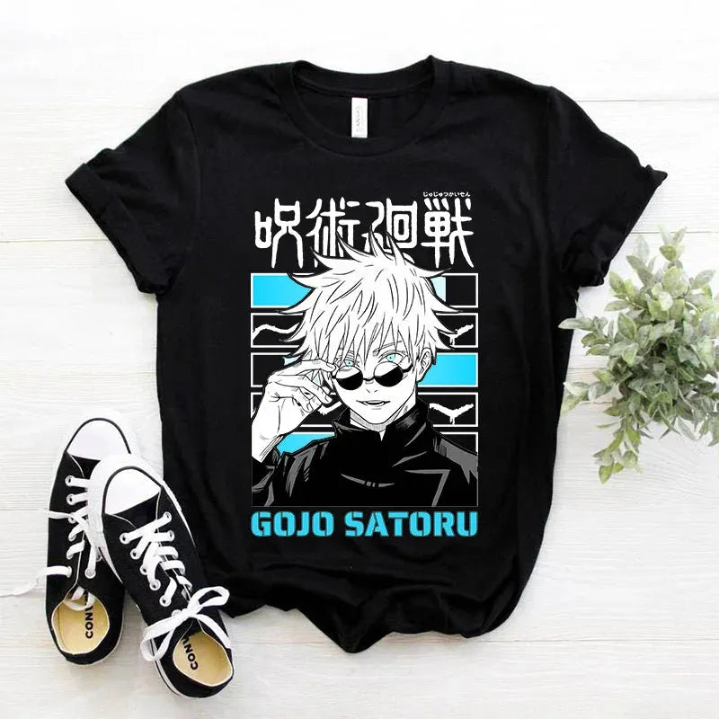 Japanese Manga Gojo Satoru T Shirt Women Tops Jujutsu Kaisen Anime T-shirt Unisex Harajuku Kawaii Short Sleeve Tee Summer Top Front Pockets Side Pockets Patch Pockets