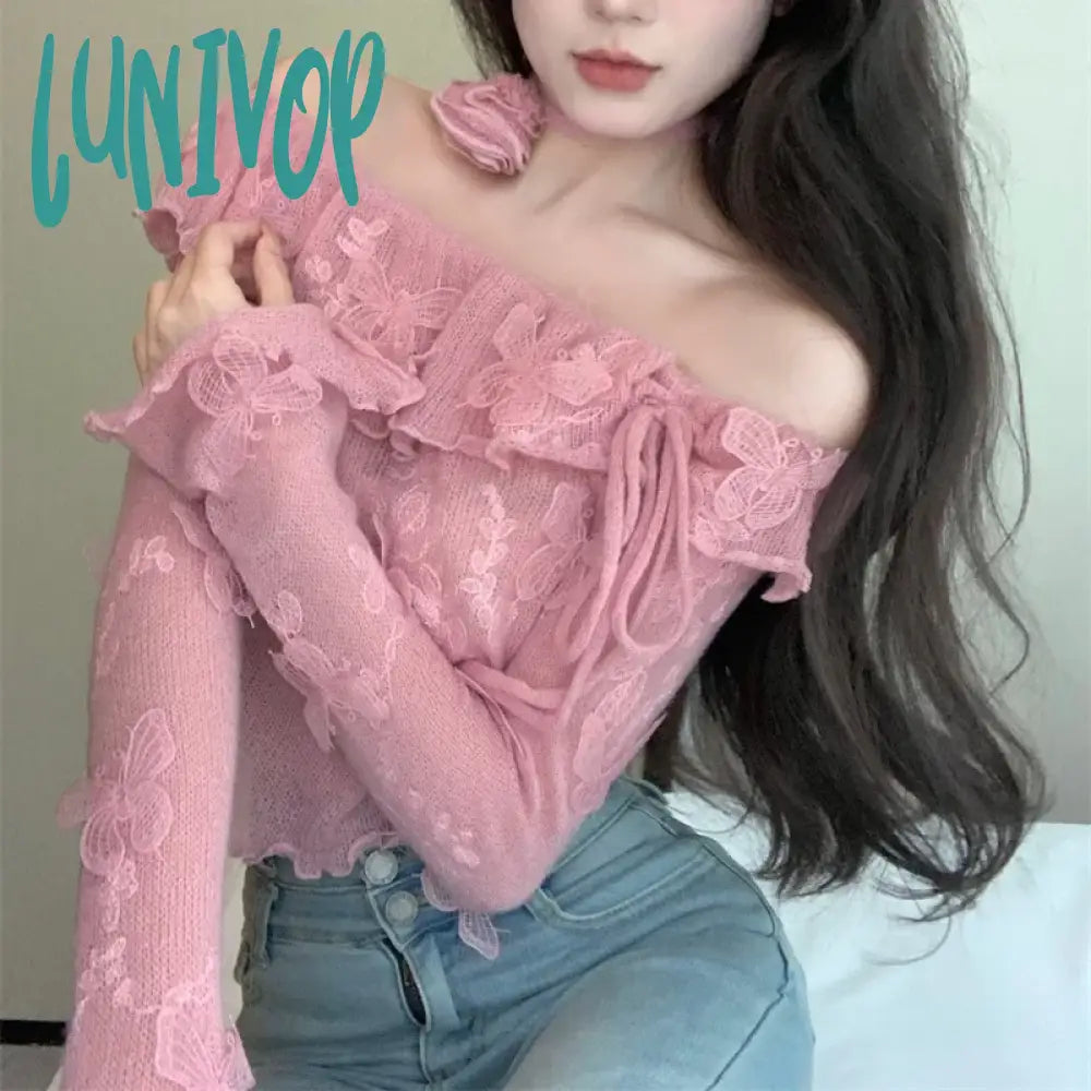 Lunivop 2024 Autumn for Women Crop Tops Vintage Korean Retro High Street Knit Butterfly Lace Decal T-Shirt Streetwear Tee Shirt Solid Color Striped Floral