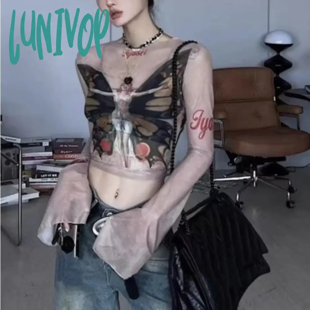 Lunivop 2024 Personality Butterfly Print Long Sleeve T-Shirt See Through Fashion Y2k Crop Tops Korean Vintage Sexy Gauze Harajuku Tees Mesh Fabric Canvas Fabric Denim Fabric Lunivop 2024 Personality Butterfly Print Long Sleeve T-Shirt See Through Fashion Y2k Crop Tops Korean Vintage Sexy Gauze Harajuku Tees Mesh Fabric Canvas Fabric Denim Fabric