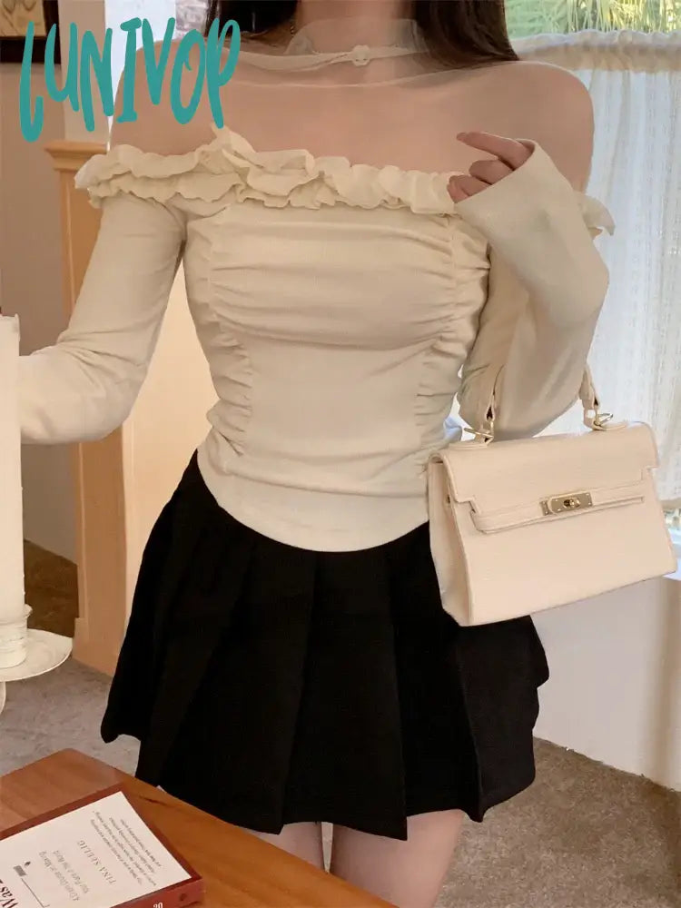 Lunivop Coquette Beige Crop T-shirts Women Y2k Fairycore Ruffles Mesh Patchwork Long Sleeve Tops Korean Style Slim Corset Tees Solid Print Embellished Lunivop Coquette Beige Crop T-shirts Women Y2k Fairycore Ruffles Mesh Patchwork Long Sleeve Tops Korean Style Slim Corset Tees Solid Print Embellished