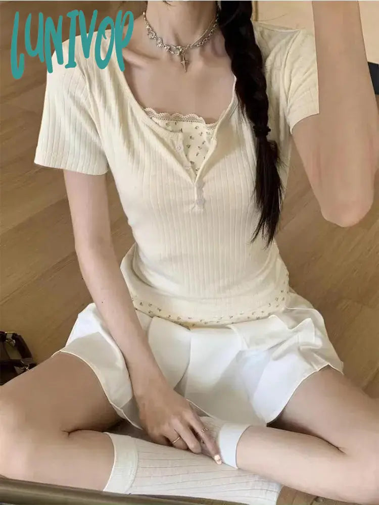 Lunivop Coquette Y2k Beige Floral T-shirts Women Sweet Fairycore Short Sleeve Tees Korean Style Cute Patchwork Slim Corset Tops Solid Print Embellished Lunivop Coquette Y2k Beige Floral T-shirts Women Sweet Fairycore Short Sleeve Tees Korean Style Cute Patchwork Slim Corset Tops Solid Print Embellished