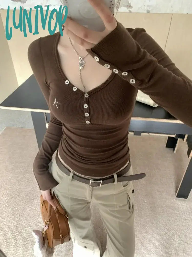 Lunivop Coquette Y2k Brown T-shirts Women Korean Style 90S Vintage Long Sleeve Tees American Retro Streetwear Slim Corset Tops Beaded Sequined Faux Fur Lunivop Coquette Y2k Brown T-shirts Women Korean Style 90S Vintage Long Sleeve Tees American Retro Streetwear Slim Corset Tops Beaded Sequined Faux Fur